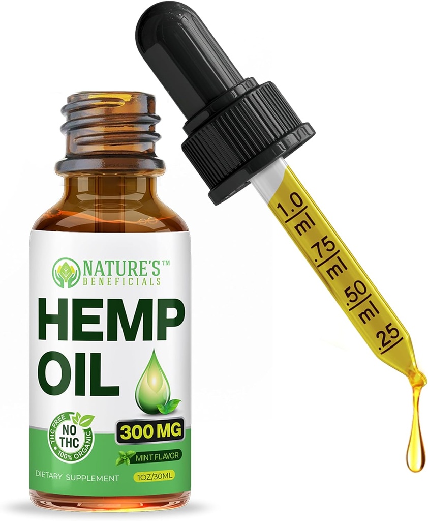 NATURE'S BENEFICIALS Organic Hemp Oil Extract Drops, 300mg - Omega Fatty Acids 3 6 9, Non-GMO Ultra-Pure CO2 Extracted