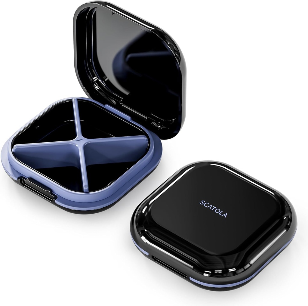 Petite Pill Case, Travel Pill Box, Portable Pill Organizer, Pill Container for Pocket 4 Compartiments, Daily Compact Travel Medicine Holder for Vitamines Medicating (Noir)