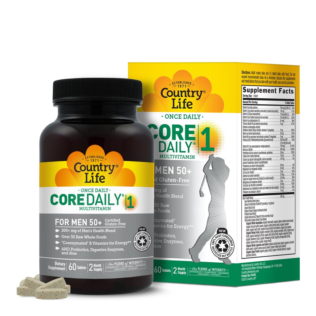 Country Life CORE Daily-1 Multivitamin for Men 50+ - Gluten-Free, Energy Support with Coenzymated B Vitamins, Probiotics, Whole Food and Digestive Enzymes, Certified Gluten Free, 60 Tablets