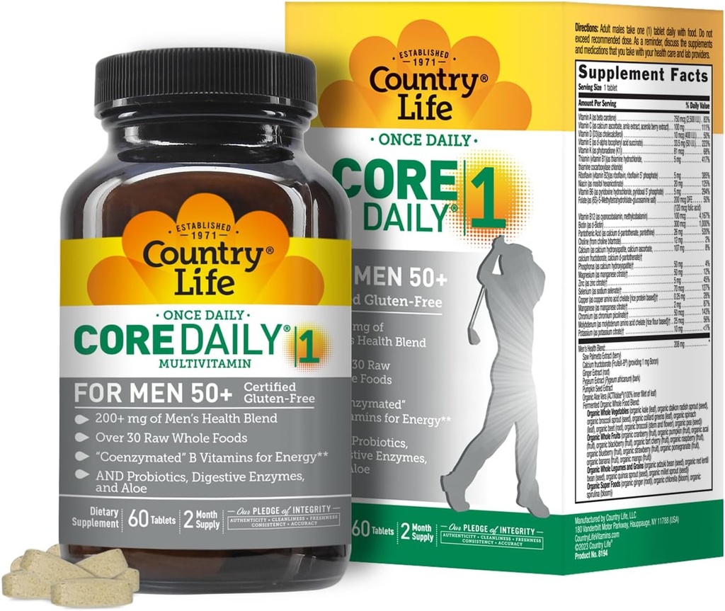 Country Life CORE Daily-1 Multivitamine pour les hommes 50+ - sans gluten, soutien énergétique avec Coenzymated B vitamines, probiotiques, aliments entiers et enzymes digestives, certifié sans gluten, 60 comprimés