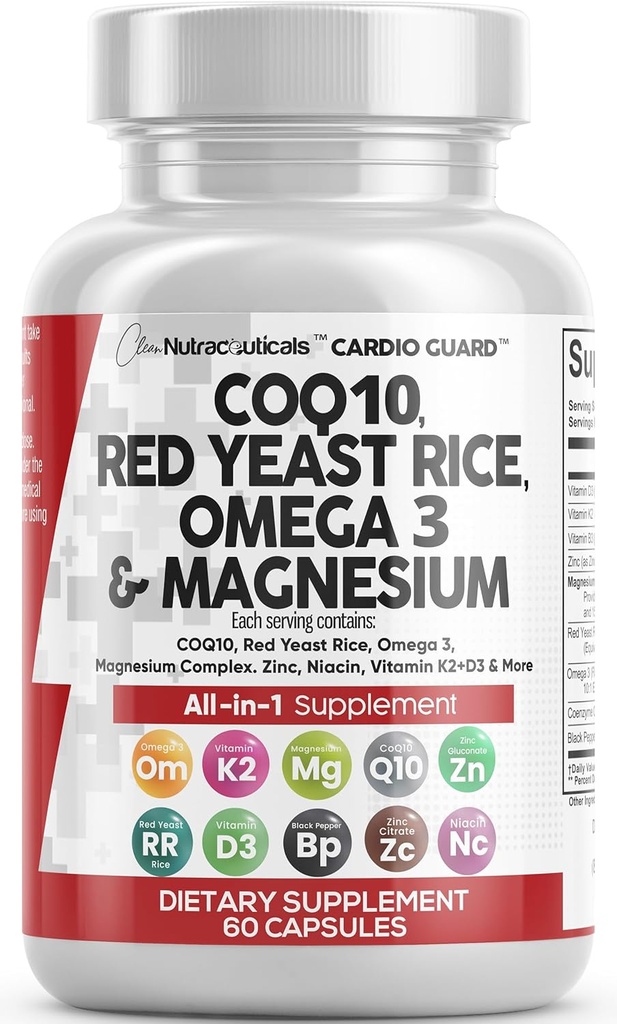 Nutraceutiques propres COQ10 200mg Red Yeast Rice Omega 3 Magnésium Complexe 500mg Niacine Zinc Vitamine K2 D3 - Vitamines de soutien cardiaque pour les femmes et les hommes avec/vitamine B3, Coenzyme Q10-60 Ct