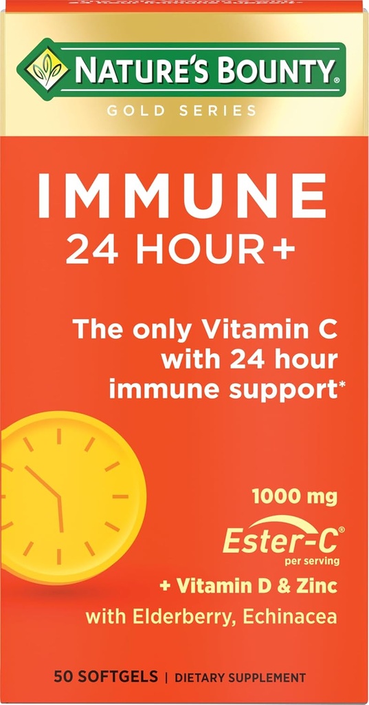 Nature's Bounty Immune 24 heures +, La seule vitamine C avec 24 heures de soutien immunitaire d'Ester-C, 1000 mg de vitamine C, D & zinc, sans gluten, softgels à libération rapide, 2 softgels par jour, 50 Compte