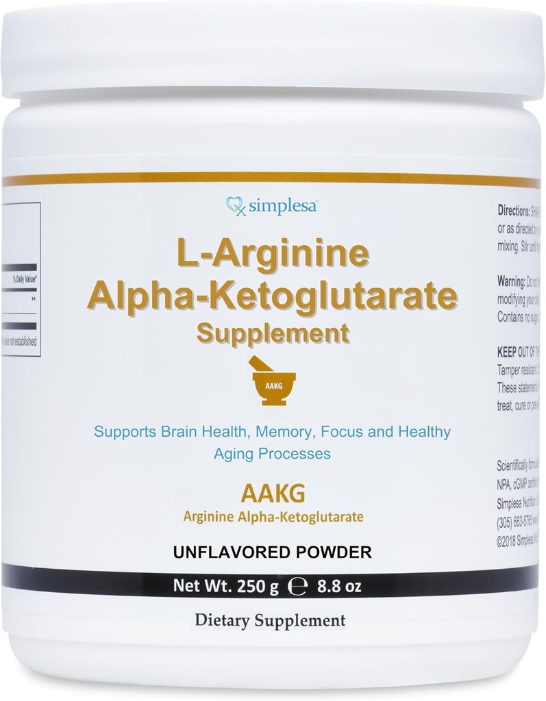 Simplesa AAKG Arginine Powder, L-Arginine Alpha-Ketoglutarate Supplément, 2000mg Par service, soutient la santé cérébrale, la mémoire, le focus et les processus de vieillissement en santé, 250g Supplément poudre