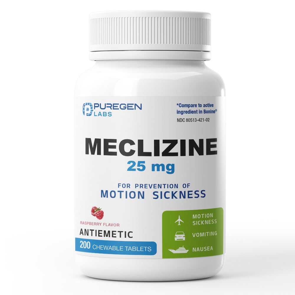 Puregen Labs Meclizine 25 mg Antiémétique 200 comprimés à croquer Relief de maladie de mouvement - Prévenir les nausées, les vomissements et les étourdissements