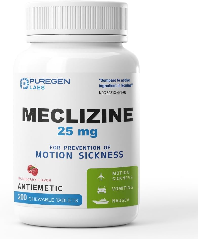 Puregen Labs Meclizine 25 mg Antiémétique 200 comprimés à croquer Relief de maladie de mouvement - Prévenir les nausées, les vomissements et les étourdissements