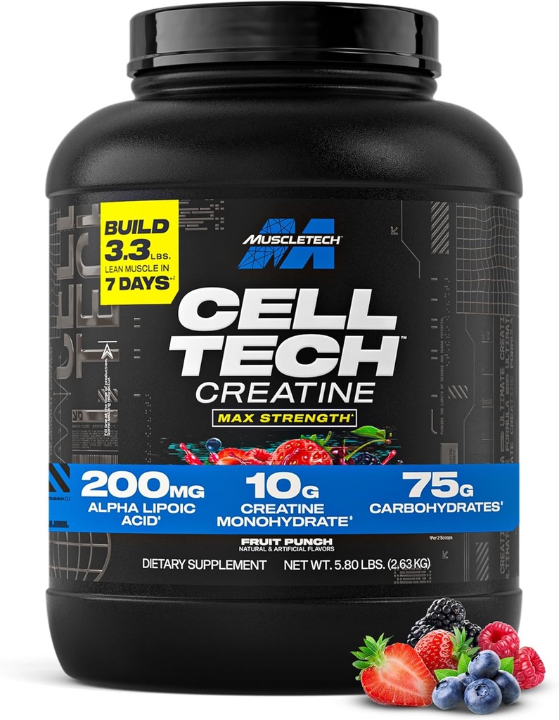 MuscleTech Poudre monohydratée de créatine - Cell-Tech Poudre de créatine post entraînement Recovery Drink, Muscle Builder & Musclebuilding Supplément de créatine - Fruit Punch, 6 lbs (56 Serv) - Emballage May Vary
