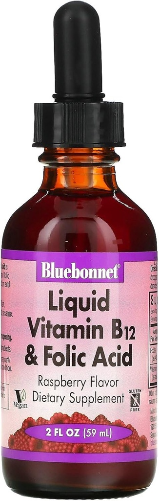 Bluebonnet Nutrition Vitamine liquide B12 et acide folique, pour la stimulation énergétique*, sans soja, sans gluten, sans lait, végétalien, 400 mcg d'acide folique et 1000 mcg de vitamine B12 par portion, 2 fl oz, 59 portions