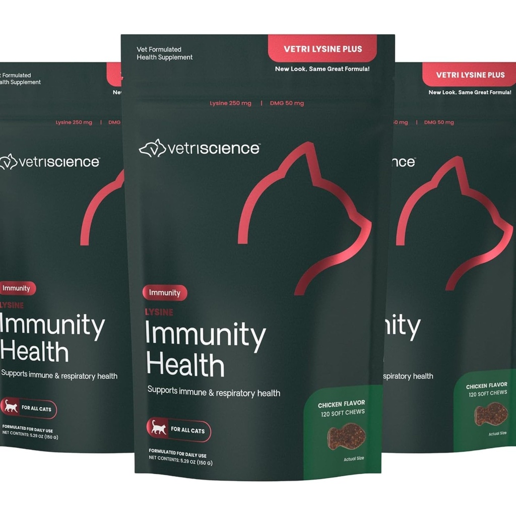 VetriScience Lysine Immunity Health Chews, 250 mg Lysine Plus Supplément immunitaire pour chats et chatons avec allergies, éternuement, nez runny et yeux aqueux, poulet, 3 pack