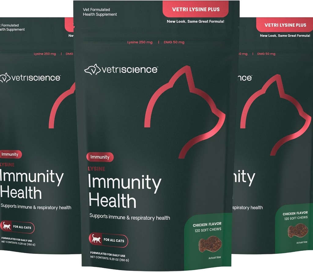 VetriScience Lysine Immunity Health Chews, 250 mg Lysine Plus Supplément immunitaire pour chats et chatons avec allergies, éternuement, nez runny et yeux aqueux, poulet, 3 pack