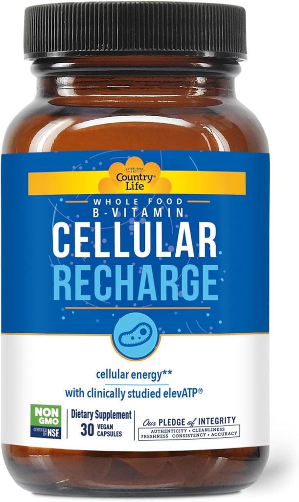Country Life Cellular Recharge B-Vitamine, Compplex B méthylé d'aliments entiers + elevATP pour l'énergie cellulaire, le détox et le support cardio, 30 capsules végétaliennes, certifiée sans gluten, végétalien, kosher