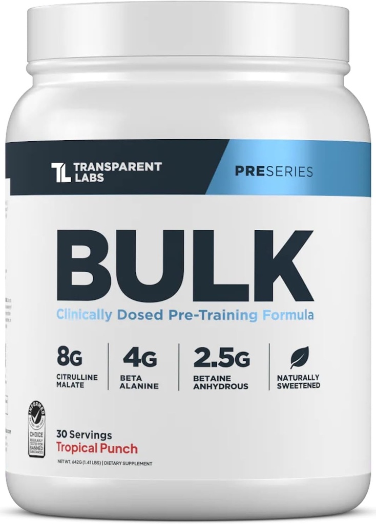 Transparent Labs Bulk Pre Workout Powder - Formule d'entraînement avancé naturellement sucré pour la musculation et la force - 30 portions, punch tropical