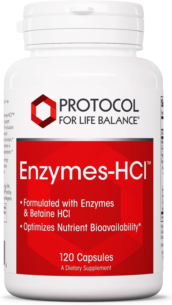 PROTOCOLE POUR LA VIE Enzymes-HCl - Enzymes digestifs avec Bromelain - Plein spectre de protéases - Supplément de digestion - Sans soja et laitiers - 120 capsules