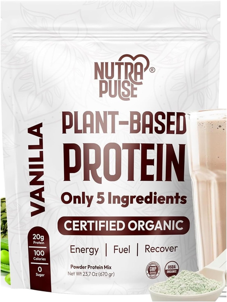 Poudre de protéines végétales organiques – Vanille à base végétale, sans gluten, sans OGM, 20g de protéines par portion, idéal pour les smoothies, les secousses, le four, la cuisson (1 paquet, 20 portions)