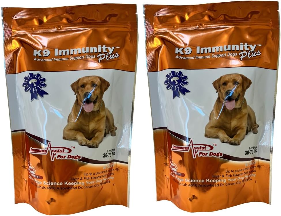 Aloha Medicinals - K9 Immunity Plus - Potent Immune Booster for Dogs 30-70 lbs - Certified Organic – Mushroom Enhanced Supplement - Veterinarian Recommended Dog Health Supplement - 60 Chews 2 Pack