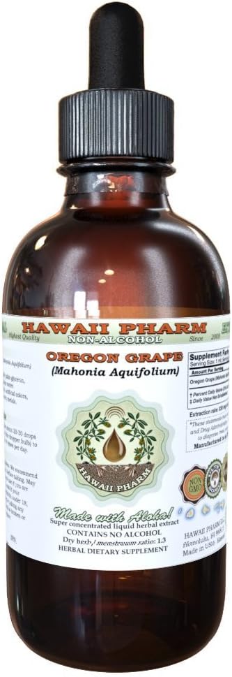 Hawaii Pharm Oregon Extrait liquide sans alcool de raisin, Oregon Raisin (Mahonia aquifolium) Supplément à base de plantes naturelles de glycérite séchée, États-Unis 2oz