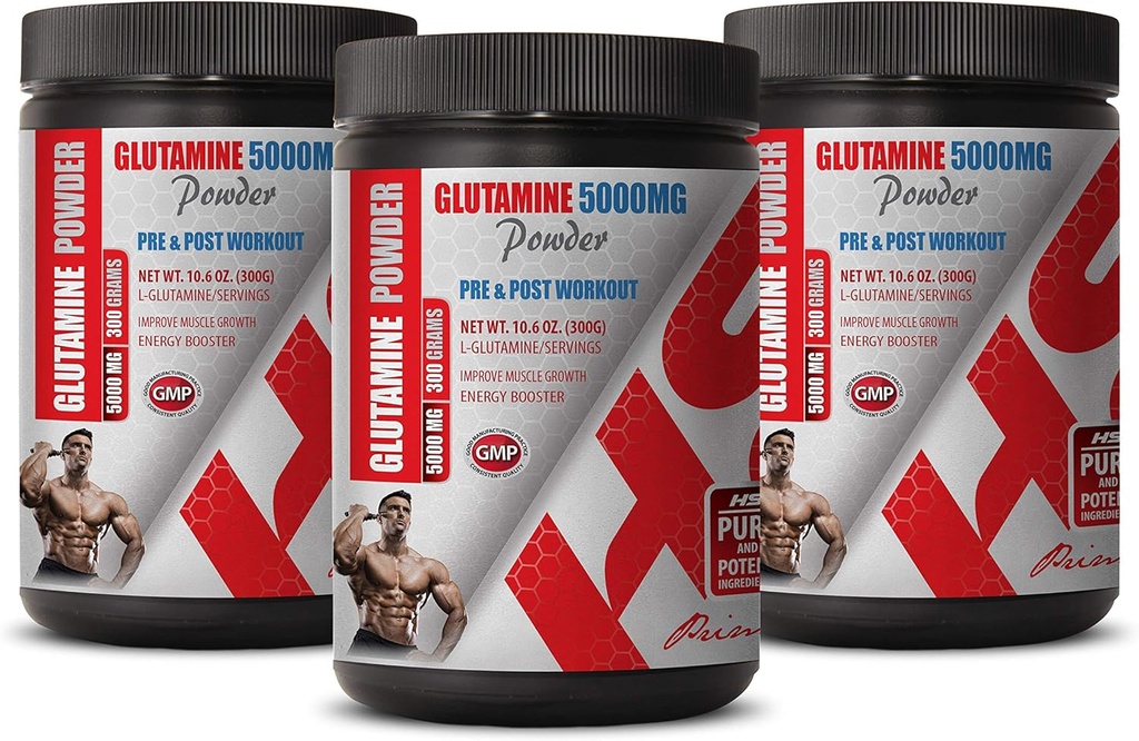 Muscle Recovery Amino acids - PRE & Post Workout - GLUTAMINE Powder 5000MG - glutamine Powder Non-GMO - 3 Cans 900 Grams