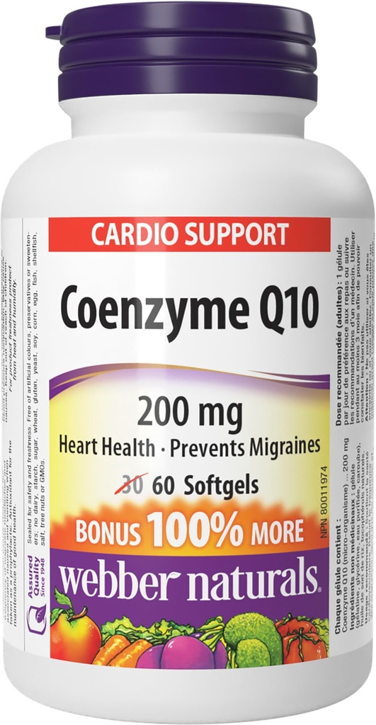 Webber Naturals Coenzyme Q10 (CoQ10) 200 mg, 60 Softgels, supplément antioxydant de haute puissance, pour la santé cardiaque et la production d'énergie cellulaire, 60 jours d'approvisionnement, sans gluten