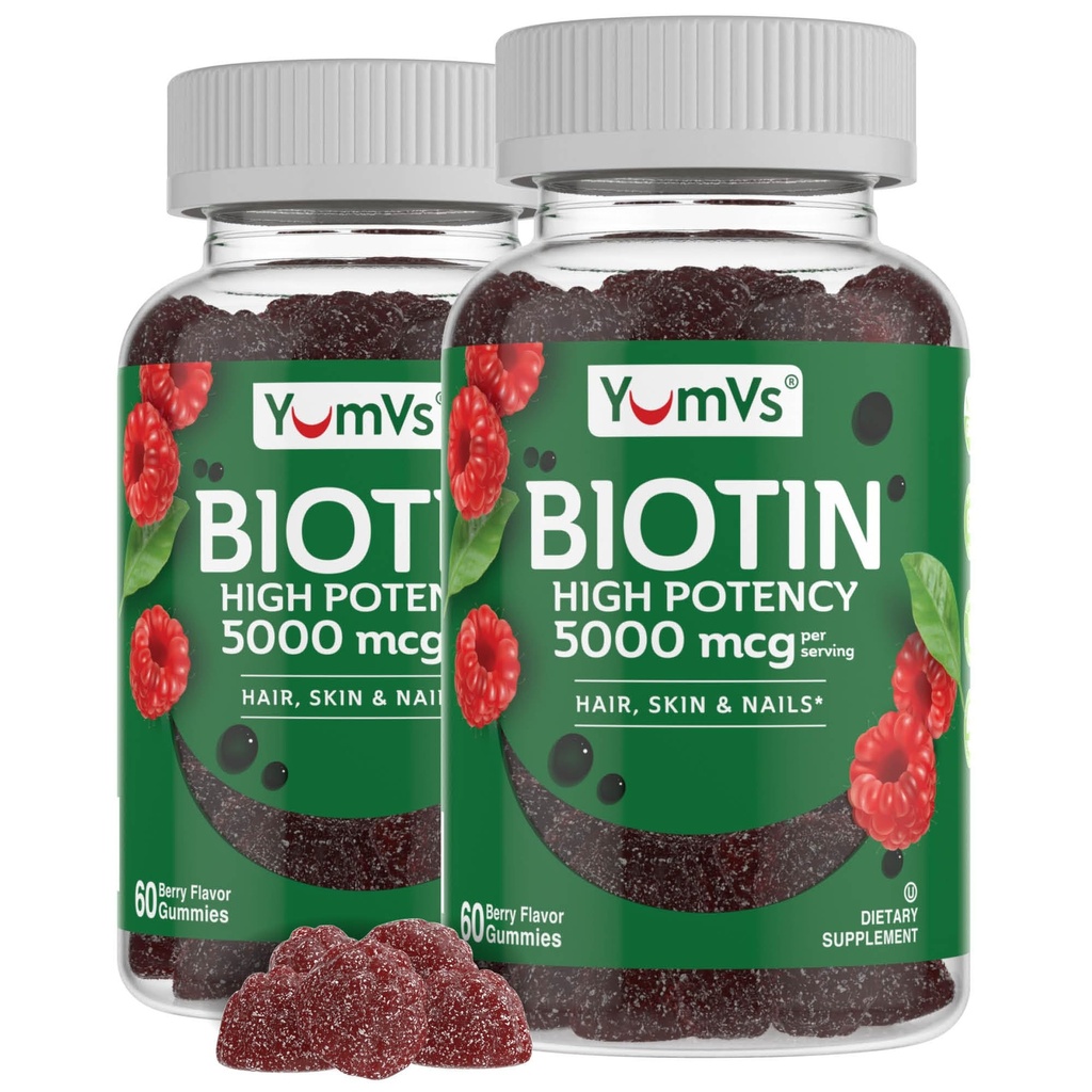 YumVs Biotin Gommies 5000mcg - Flacon de framboise croustillant - Gommies de croissance des cheveux plus rapides pour les femmes ou les hommes - Vitamines des cheveux, de la peau et des ongles - Gommy capillaire - Supplément de biotine végétarienne (60 Ct., 2pk)