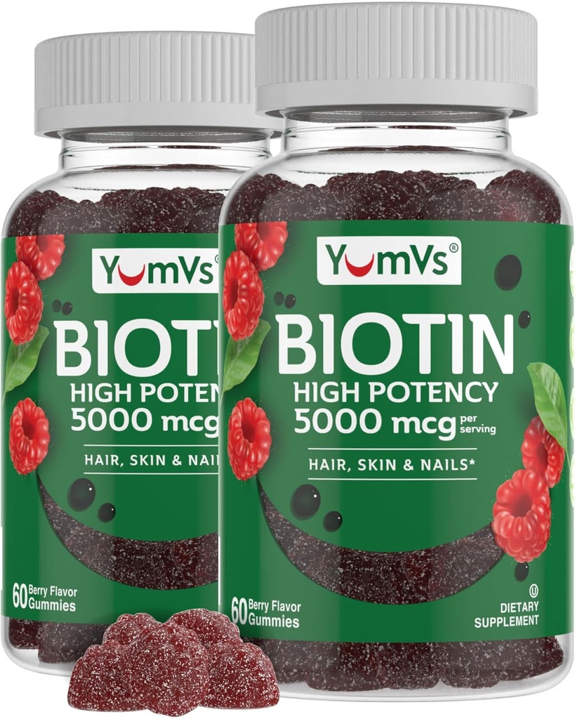 YumVs Biotin Gummies 5000mcg - Luscious Raspberry Flavor - Thicker Faster Hair Growth Gummies for Women or Men - Hair, Skin & Nails Vitamins - Hair Gummy - Vegetarian Biotin Supplement (60 Ct., 2pk)