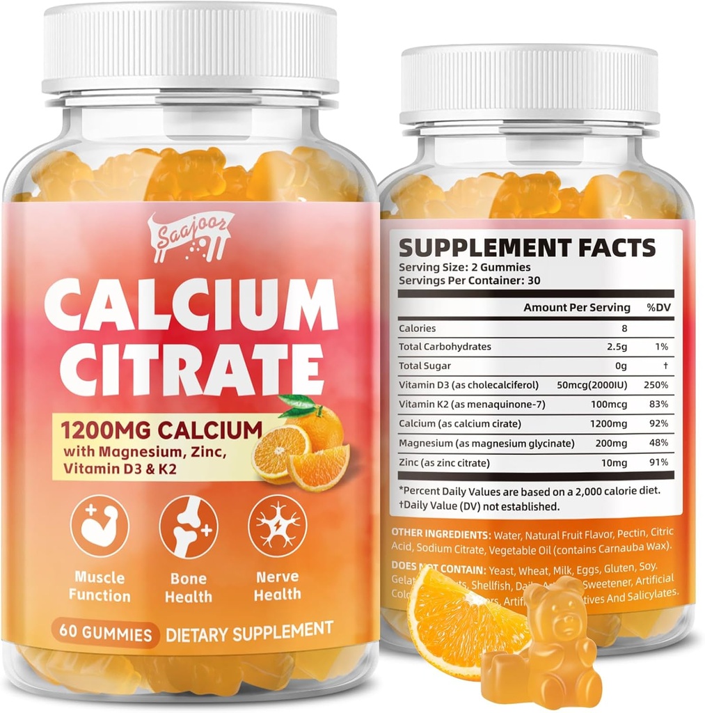 Citrate de calcium Gummies 1200 mg avec vitamine D3, K2, Magnésium, zinc, os Support pour os, muscles et articulations, Immunité et soutien mémoire, 60 Compte