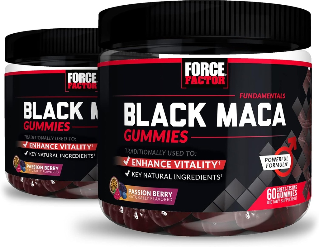 Facteur de force Black Maca Gummies, 2-Pack, Black Maca Root pour améliorer la vitalité masculine, augmenter l'énergie et la force, avec BioPerine pour l'absorption supérieure, Delicious Passion Berry Flavor, 120 Gummies
