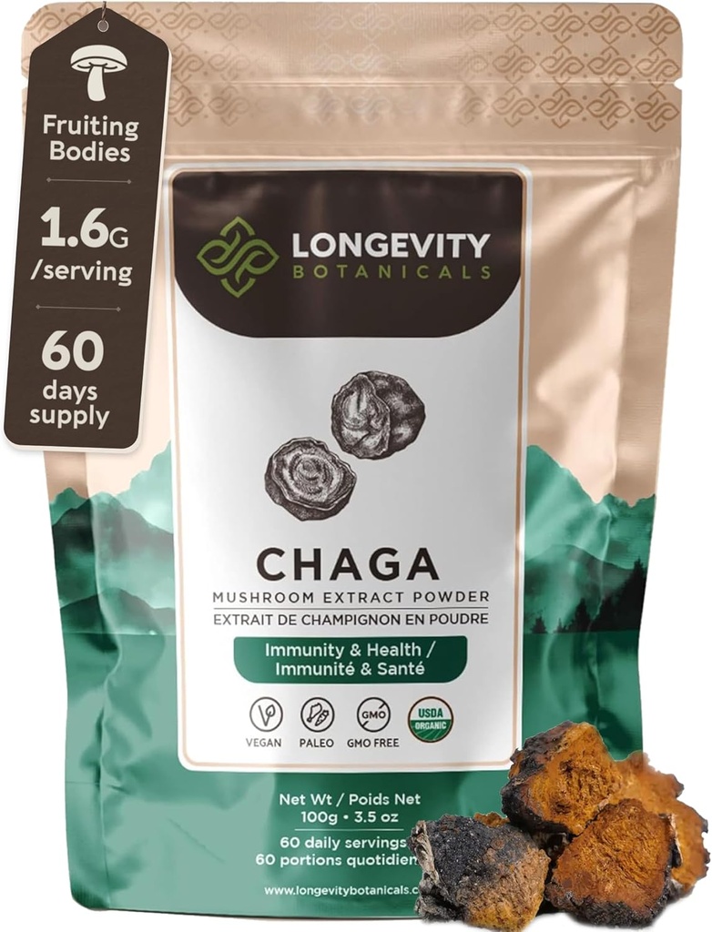 Longévité Botaniques Organic Chaga Mushroom Extract Poudre 100g) Concentré 10:1 Ratio: 100% Corps de Fruits.