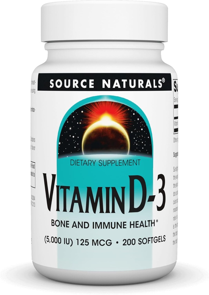 Source Naturelle Vitamine D-3 5000 iu soutient la santé osseuse et immunitaire* - 200 Softgels