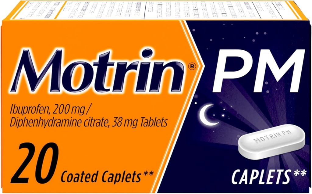 Motrin PM Pain Relief Caplets avec 200 mg d'Ibuprofène et 38 mg de diphénhydramine Aide au sommeil, la douleur de nuit soulagement pour les douleurs et les douleurs mineures vous aide à tomber Asleep et rester Asleep, 20 ct