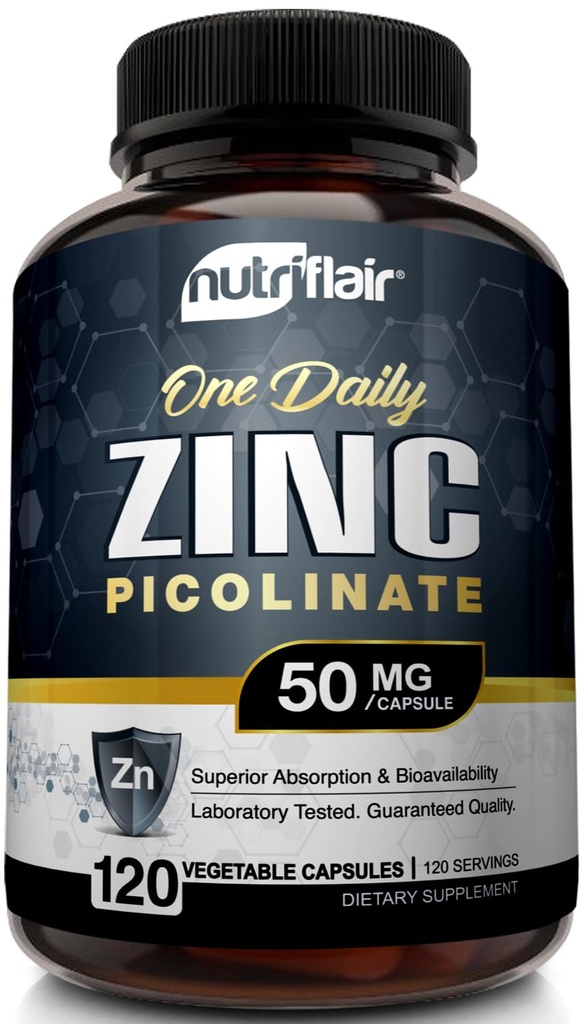 NutriFlair Zinc Picolinate 50mg, 120 Capsules - pilules de supplément de zinc d'absorption maximale - Système immunitaire Booster, Immunity Defense, puissant anti-OGM non-oxydant - Comparer au gluconate, Citrate, Oxyde