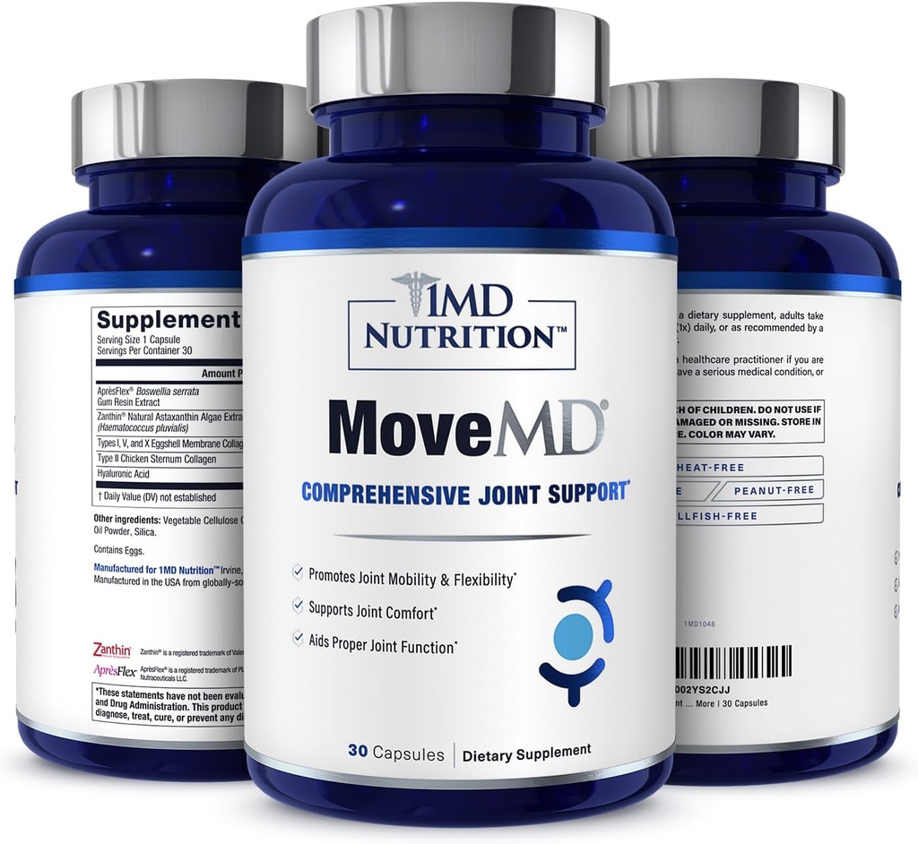 1MD Nutrition MoveMD - Supplément santé pour le confort et le soutien des articulations - Nos pilules de collagène sont bien préparées pour les femmes et les hommes avec l'acide hyaluronique et l'astaxanthine