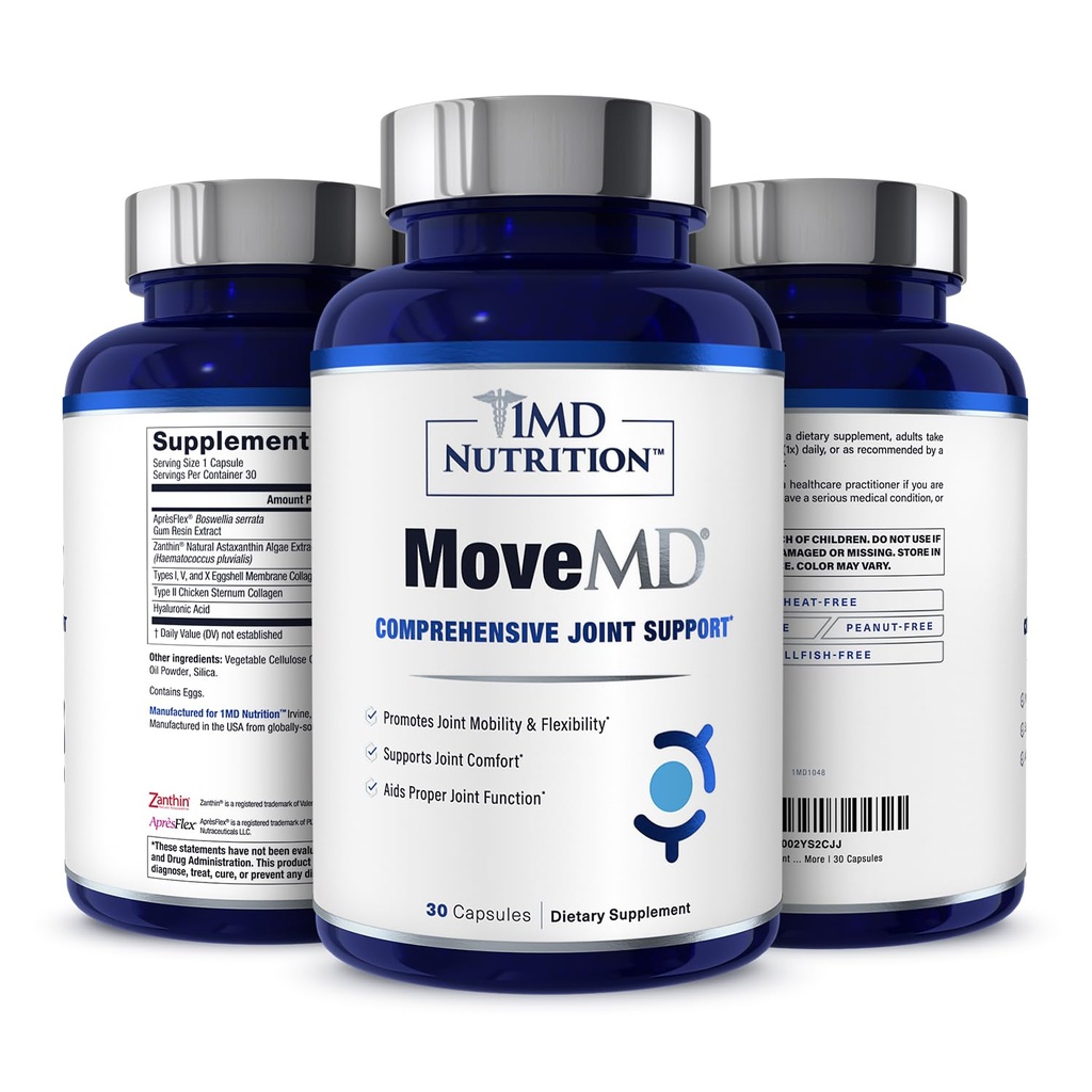1MD Nutrition MoveMD - Supplément santé pour le confort et le soutien des articulations - Nos pilules de collagène sont bien préparées pour les femmes et les hommes avec l'acide hyaluronique et l'astaxanthine