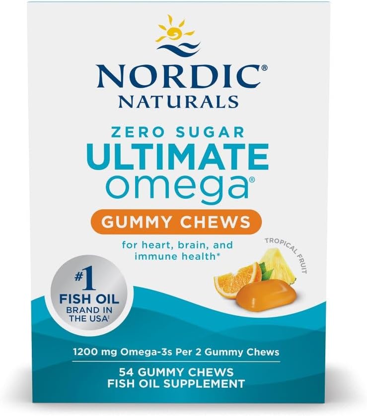 Nordic Naturals Zéro sucre Ultime Omega Gummy Chews - Fruits tropicaux - 54 Gummy Chews - Non OGM - Bien-être optimal - 27 portions