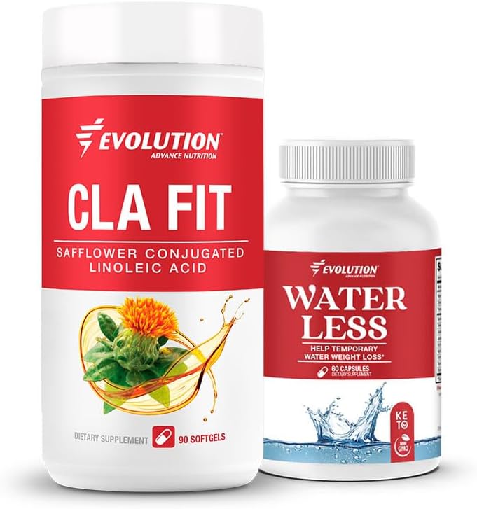 Evolution Advance Sport Nutrition CLA Fit – Supplément d'acide linoléique conjugué aux fleurs de carthame, soutien de masse musculaire maigre, promotion de l'énergie (90 softgels)+eau moins – réduit la rétention d'eau (60 capsules)