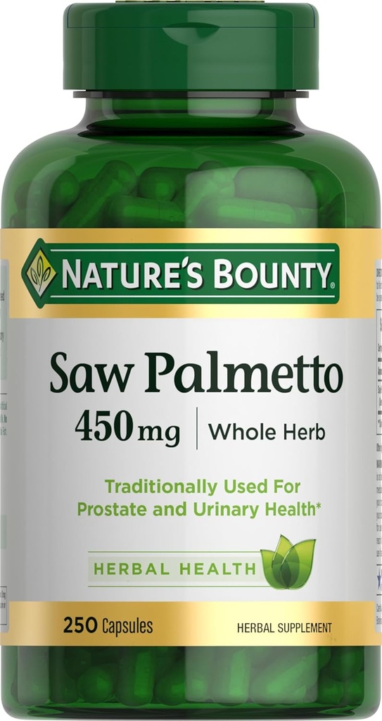 Nature's Bounty Saw Palmetto Support for Prostate and Urinary Health, supplément santé à base de plantes, 450mg, 250 Capsules