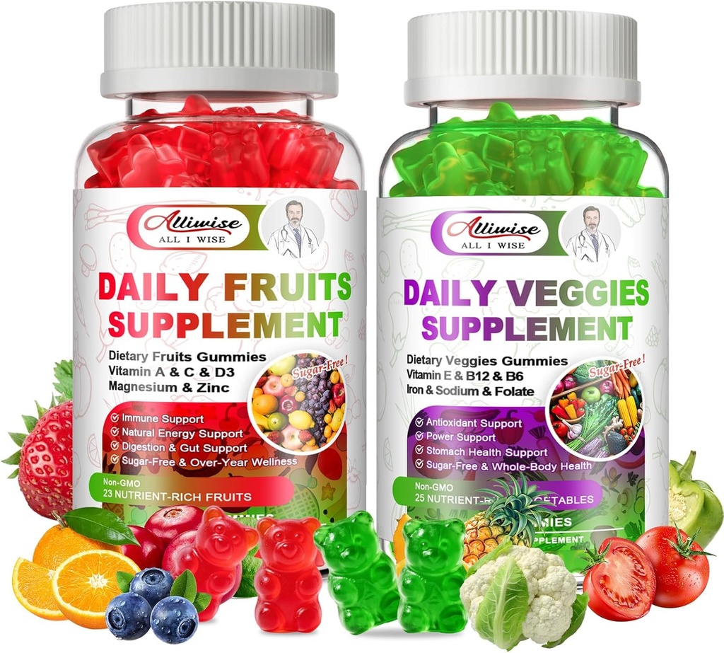 Supplément Fruits et légumes sans sucre, Gommies Super Verts avec Multivitamines, Minéraux & Fibres, Fruits et Légumes naturels Supplément soutient Immunité, Antioxydant & Énergie pour les femmes et les hommes