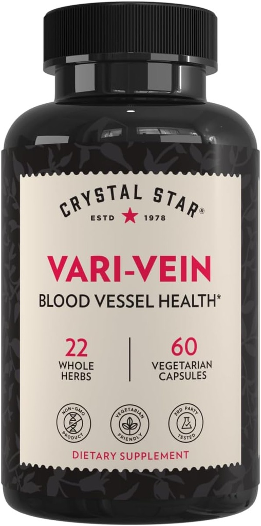 Crystal Star Vari-Vein (60 Capsules) - Herbal Circulation Support Supplement for Varicose Veins & Spider Veins Treatment - Witch Hazel, Butcher’s Broom, Hawthorn & Horse Chestnut- Non-GMO