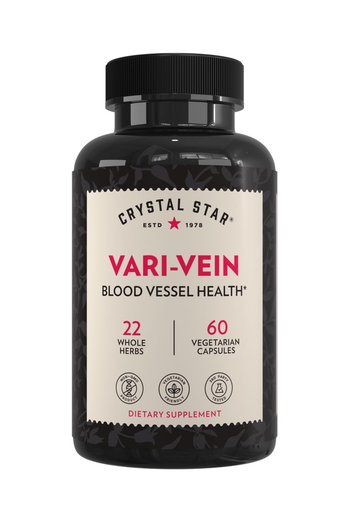 Crystal Star Vari-Vein (60 capsules) - Supplément de support de circulation à base de plantes pour le traitement des veines de varices et des araignées - Sorcière Hazel, Boucher