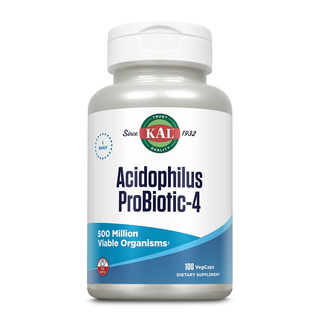 KAL Acidophilus ProBiotic-4, 500 Million CFUs, Four Probiotic Strains, Probiotics for Women and Men, Freeze Dried, L. acidophilus, L. bulgaricus, S. thermophilus, B. bifidum, 100 Servings, 100 VegCaps