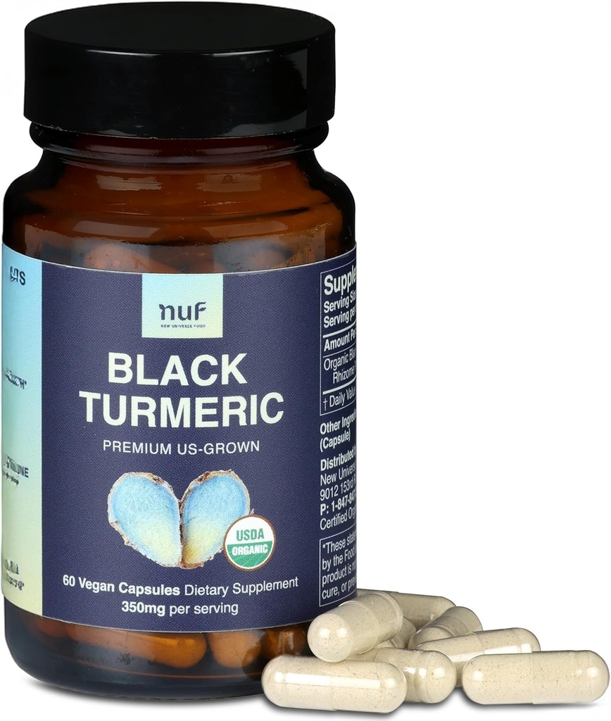NUF- Organic Black Turmeric 350mg Capsules de végétalien à racines entières- É.-U. sans gluten - Soutien des articulations non OGM - Réponse inflammatoire saine - Fonction immunitaire appropriée