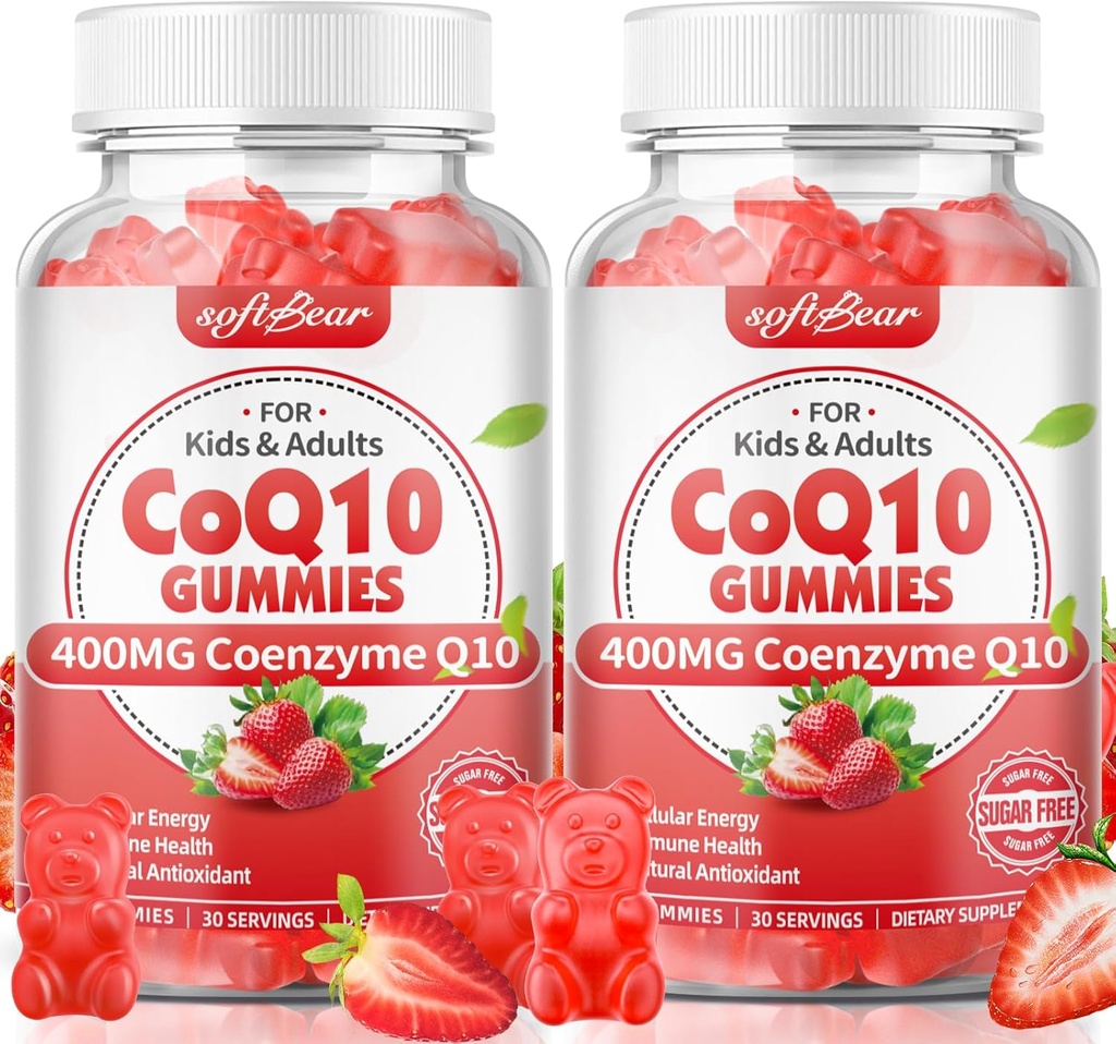 softbear CoQ10 Gummies 400mg Coenzyme Q10 Supplément pour adultes, haute absorption coq10 Plus Oméga-3, Magnésium, Vitamine B3 & Zinc pour l'énergie cellulaire et l'antioxydant, Fraise Flavor 120 Compte