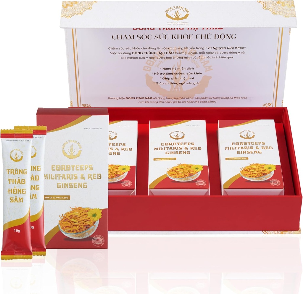 Dong Thao NAM - Poudre de ginseng rouge et de cordyceps organiques, extrait de 6 en 1 à base de plantes, augmente l'alerte, augmente l'énergie et réduit la fatigue, sans caféine, boîte de 30