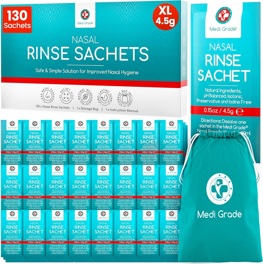 Medi grade Sinus Rinse Packets – Nasal Rinse Essentials Kit de 130 x Salt Packets et Sac de rangement pratique - Profitez d'une irrigation nasale sans effort à la maison ou en route avec nos Neti Pot Salt Packets