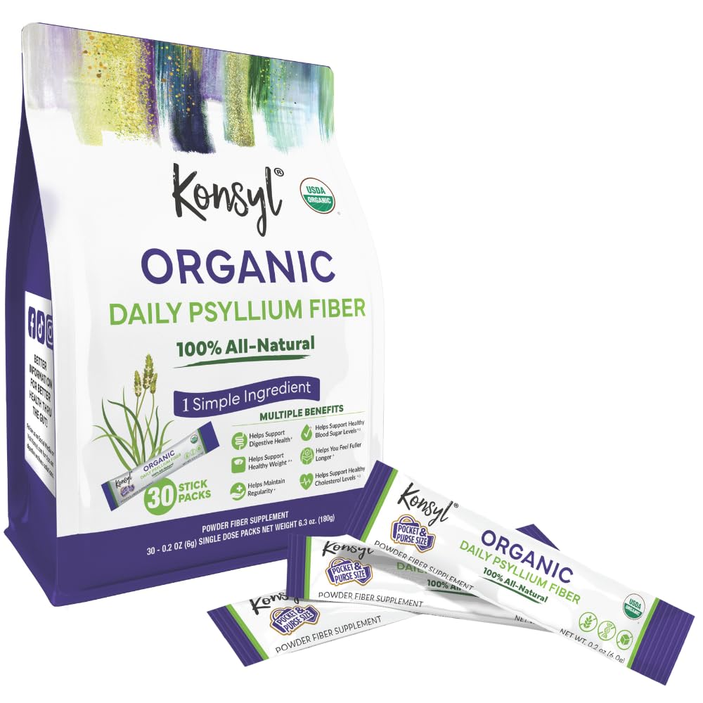 Konsyl Bio Daily Psyllium Fiber Stick Packs - Poudre de supplément de fibre sur le pouce - Pratique, fibre soluble tout naturel, sans gluten et sans sucre, végétalien et kéto - 30 paquets