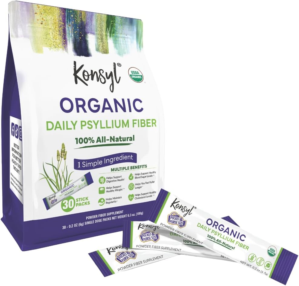 Konsyl Bio Daily Psyllium Fiber Stick Packs - Poudre de supplément de fibre sur le pouce - Pratique, fibre soluble tout naturel, sans gluten et sans sucre, végétalien et kéto - 30 paquets