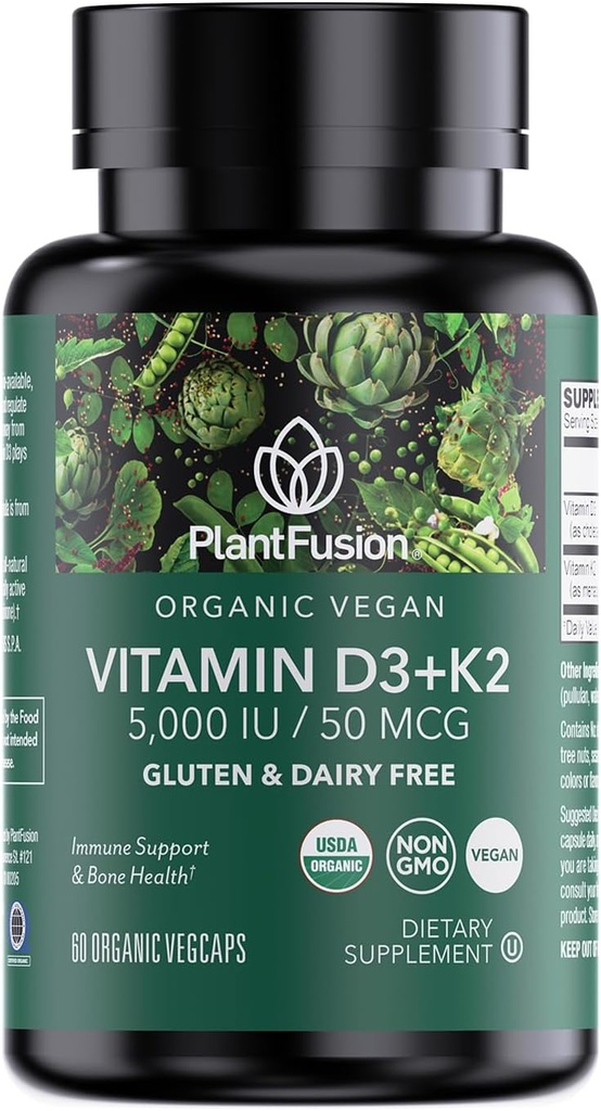 PlantFusion Vitamine végétale biologique D3 + K2 5 000 UI, 50MCG – Vitamine D provenant du lichen végétal et de la vitamine K2, pour le soutien immunitaire et la santé des os - 60 capsules