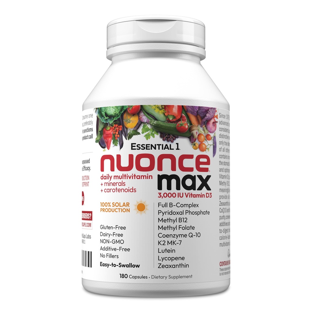 ANDREW MOINSMAN Essential-1 nuonce max Multivitamine 3000 UI Vitamine D3 180 Petites capsules. 100 mcg Méthyl B12. CoQ10 Lutéine Lycopène Zeaxanthin. Haute puissance. Pas d'additifs. Une gélule quotidienne ultra-mince