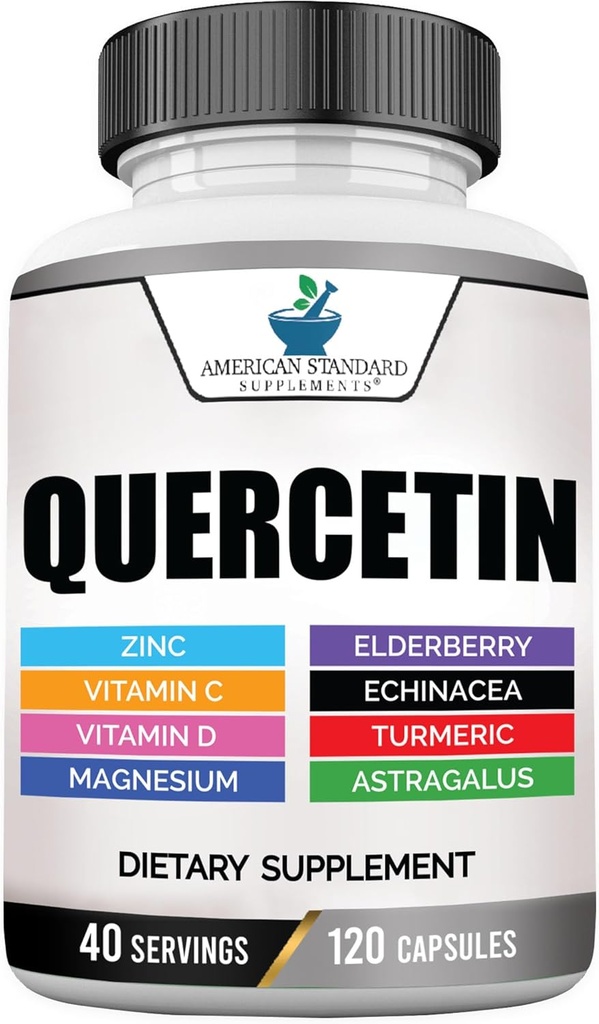 American Standard Supplements Quercetin 1000mg Per Serving with Zinc, Vitamin C, Vitamin D3, Magnesium, Elderberry, Echinacea, Turmeric, Astragalus - Gluten Free, Non-GMO, 120 Capsules, 40 Servings