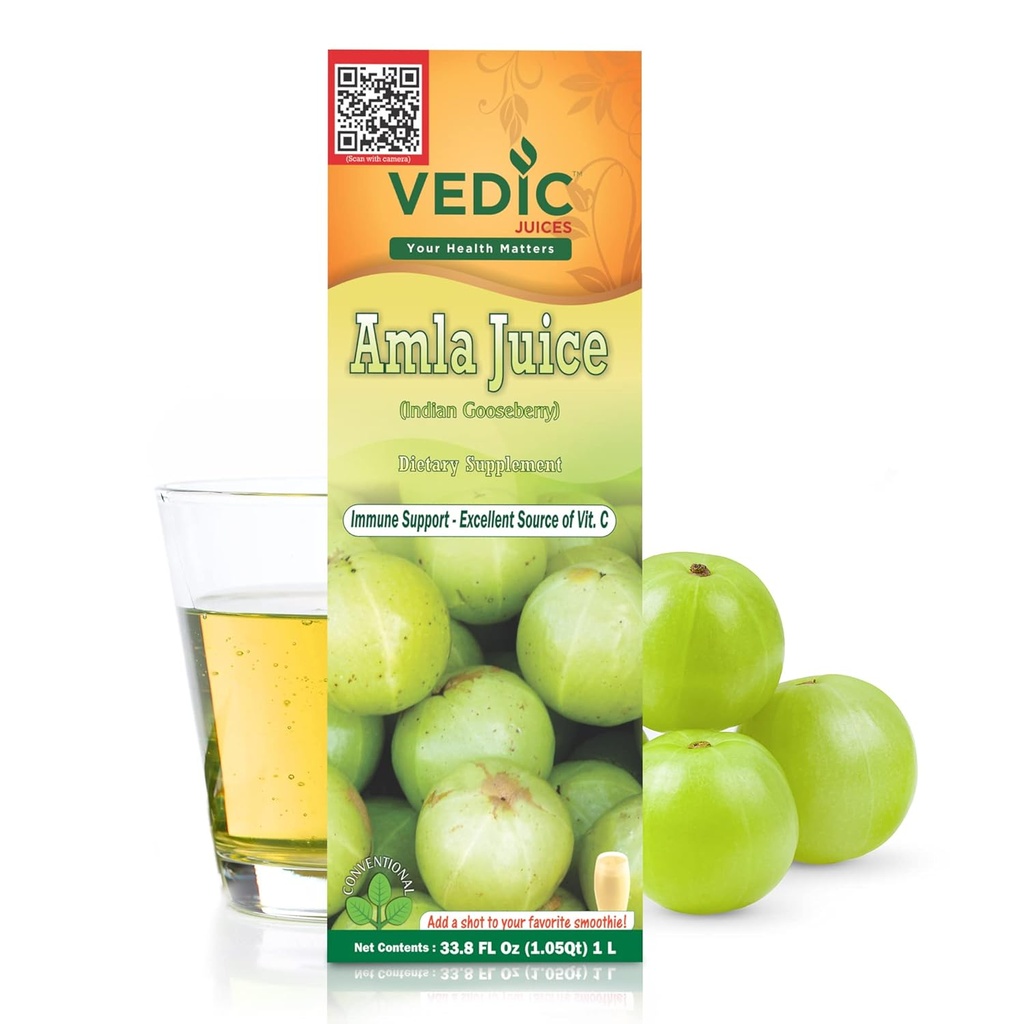 Jus védiques Amla Juice, supplément indien de gooseberry avec la vitamine C pour la santé de la gueule, et la croissance des cheveux, boisson à base de plantes - 1 Litre