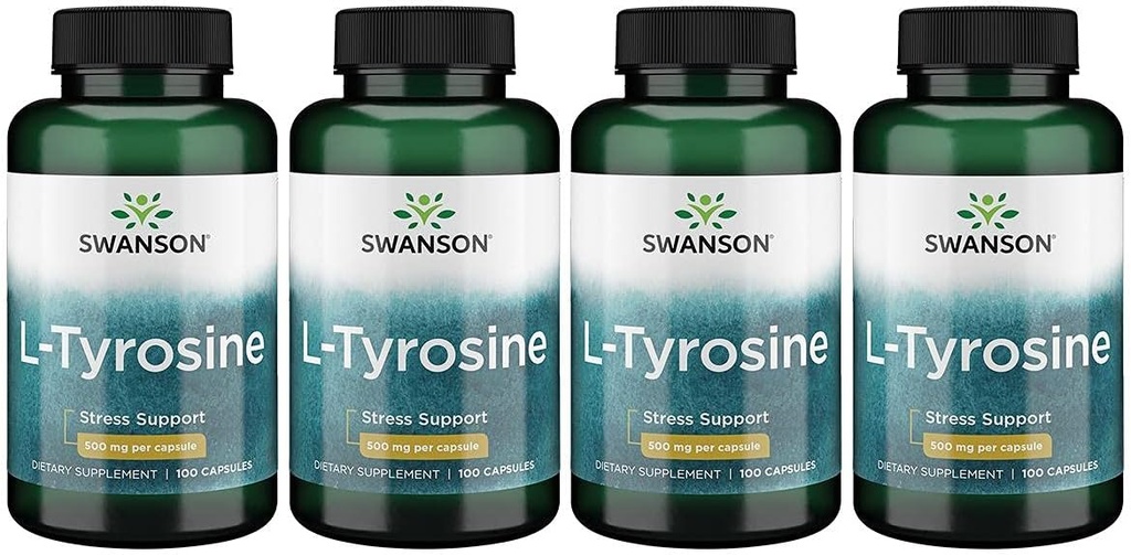 Swanson L-Tyrosine - Supplément à l'acide amino Promouvoir le soutien au stress, la fonction cognitive - Aide à soutenir la santé globale du cerveau - (100 capsules, 500mg chacune) 4 Pack