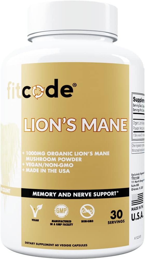Fitcode Organic Lion-S Supplément de Champignon de Mane - Lion-S Capsules de Champignon de Mane Nootropics Supplément de Soutien Cerveau pour Focus Mémoire Clarté et Immunity Support Lion-S Supplément de Mane